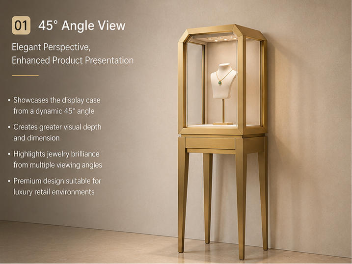 Gold Floor-Standing Jewelry Display Cabinet | Museum-Style Showcase 7 Gold floor-standing jewelry display cabinet different angle view